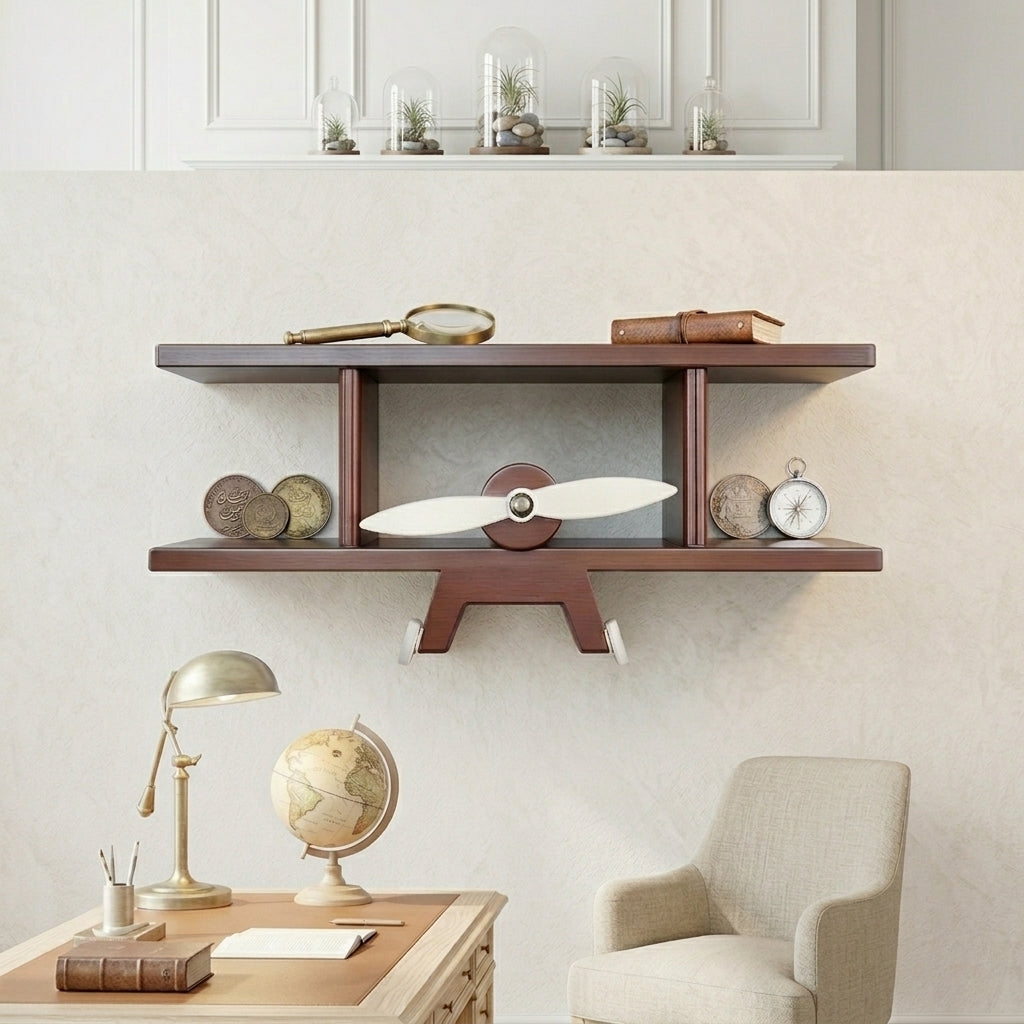 Handmade Wooden Modern Wall Mounted Aeroplane Shelf with Hooks