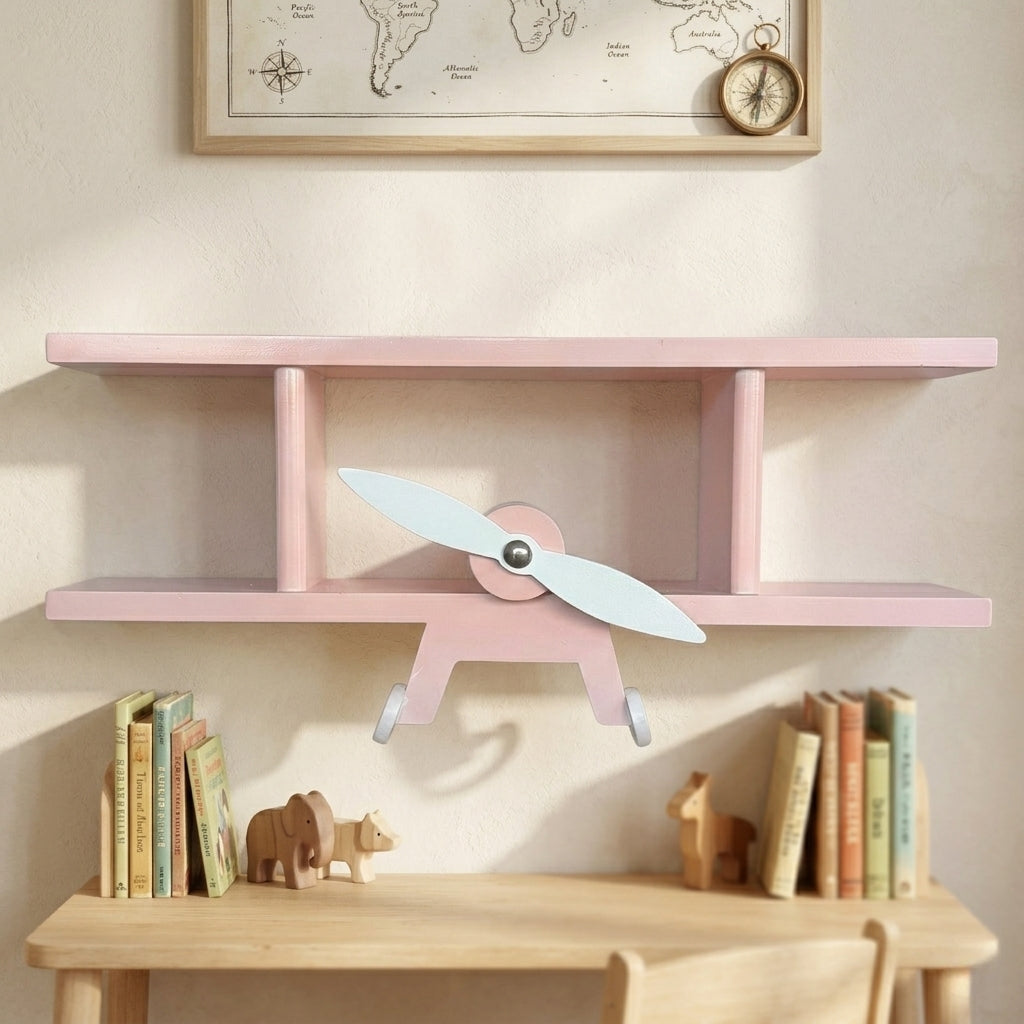 Handmade Wooden Modern Wall Mounted Aeroplane Shelf with Hooks