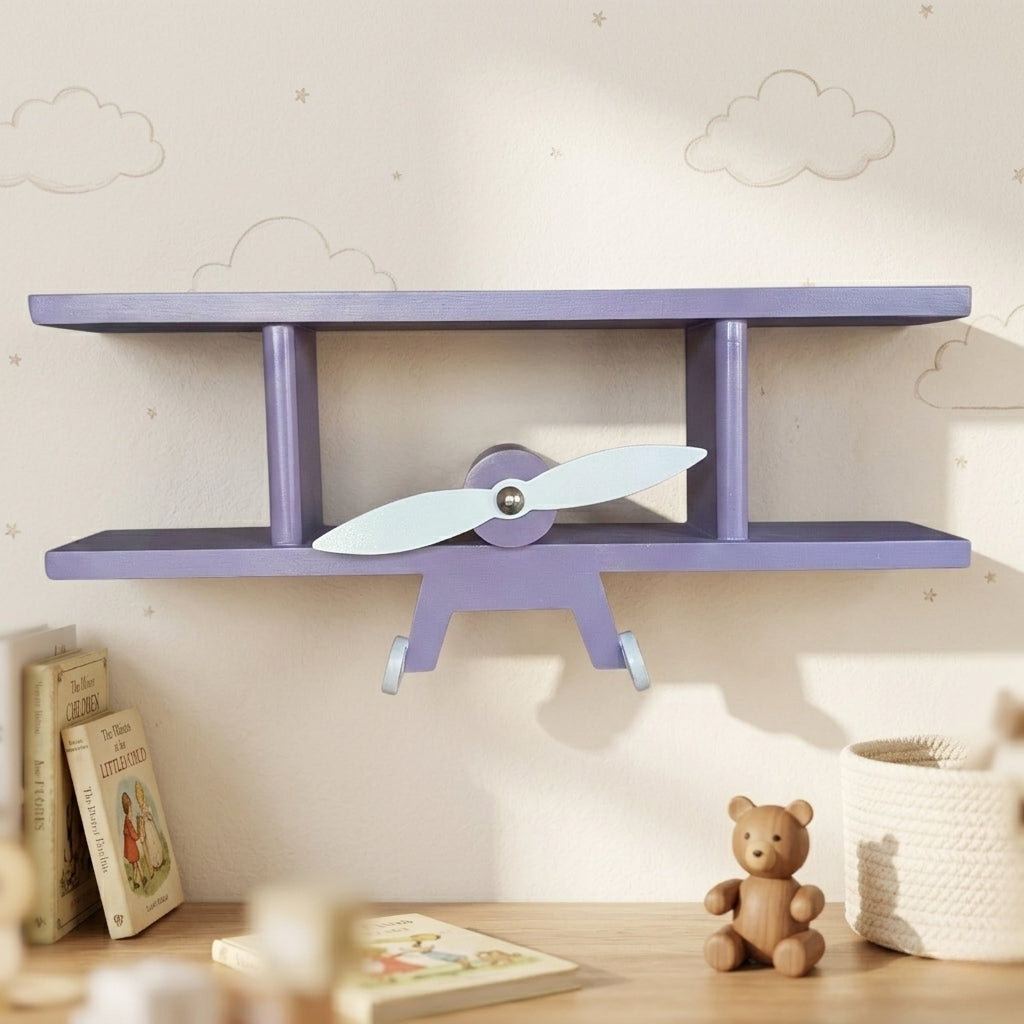 Handmade Wooden Modern Wall Mounted Aeroplane Shelf with Hooks