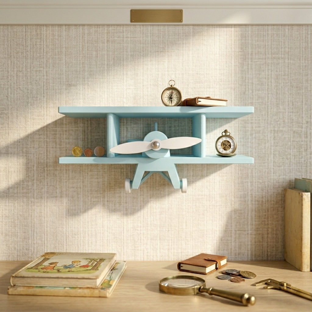Handmade Wooden Modern Wall Mounted Aeroplane Shelf with Hooks